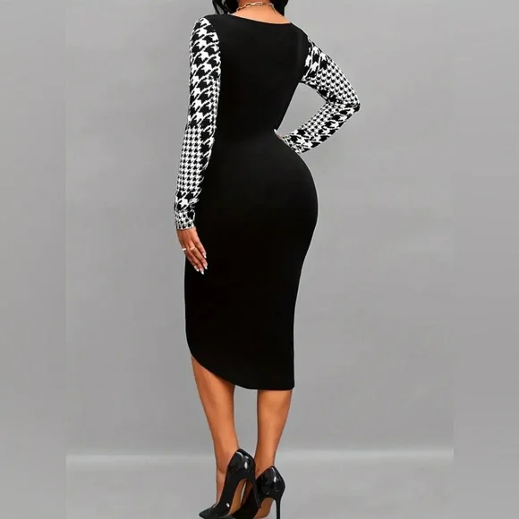 New Houndstooth Print Long Sleeve Bodycon Asymmetrical Colorblock Midi Dress NWT - Picture 4 of 16